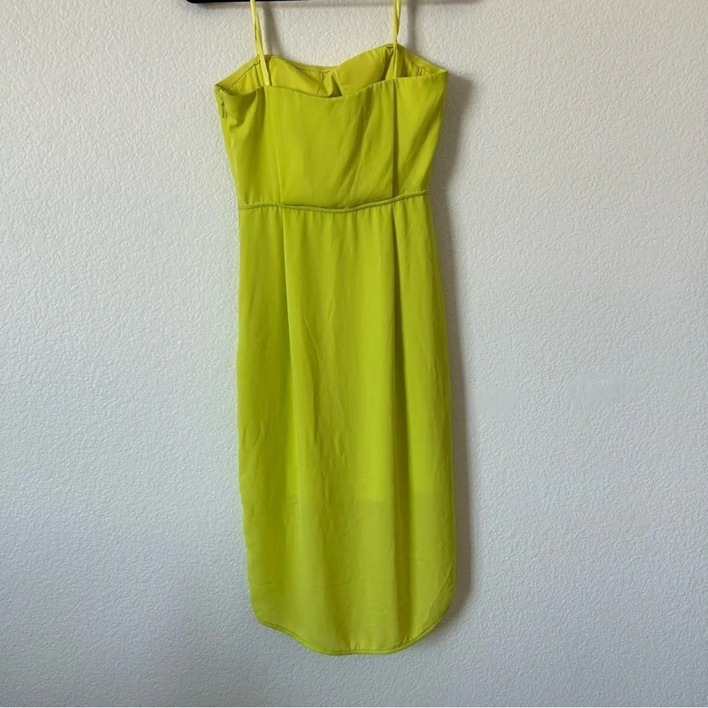 BCBGMaxAzria Neon Green, Yellow Strapless Asymmetrical Wrap Formal Midi Dress - Picture 3 of 11
